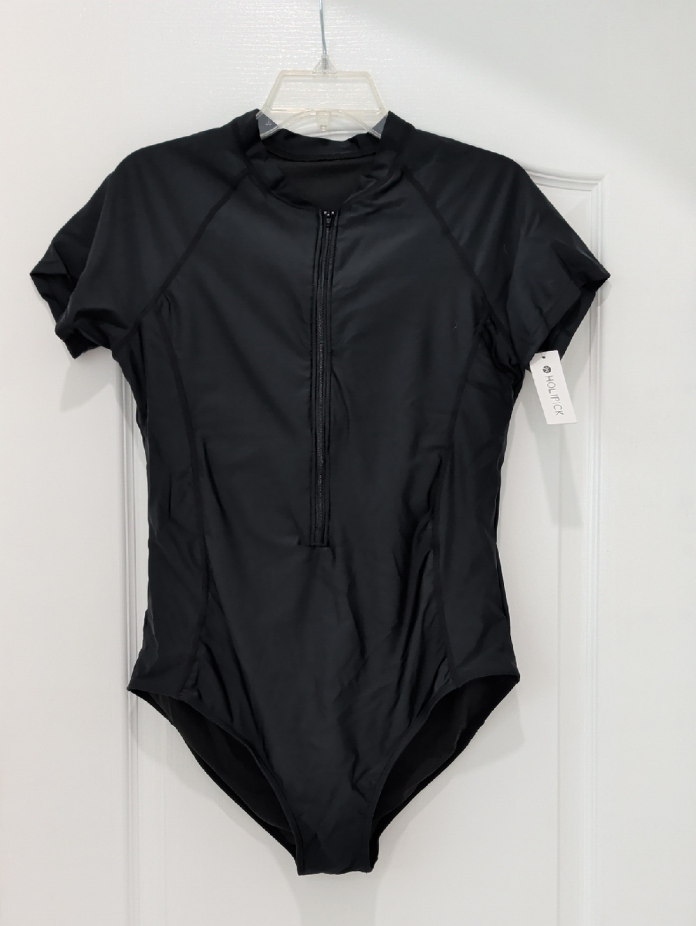 New HOLIPICK Zip Front Rashguard Short Sleeve Swimsuit UPF 50 Black XL